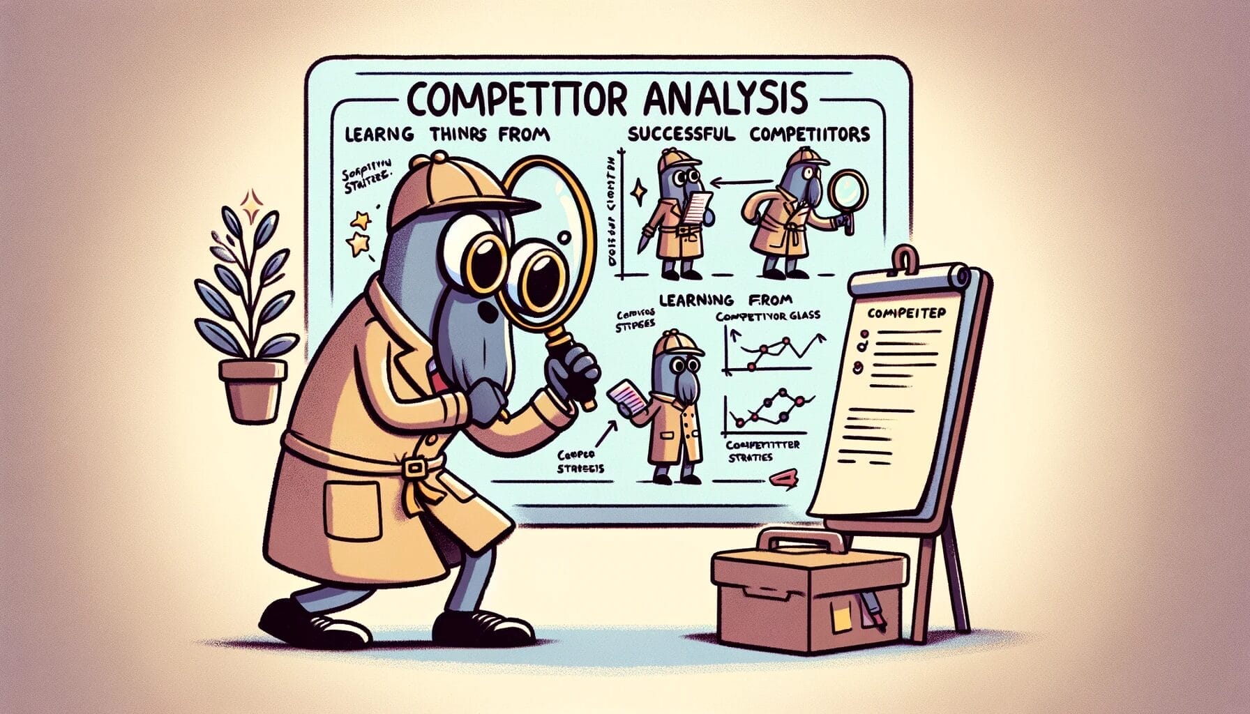 A cartoonish, minimalistic single-panel comic showing a detective-like character doing competitor analysis in the dropshipping market. The character,