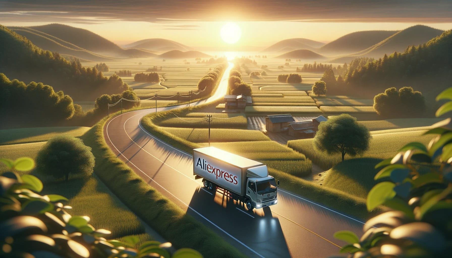 Photo depicting a lifelike landscape of a serene countryside where a delivery truck, hinting at AliExpress