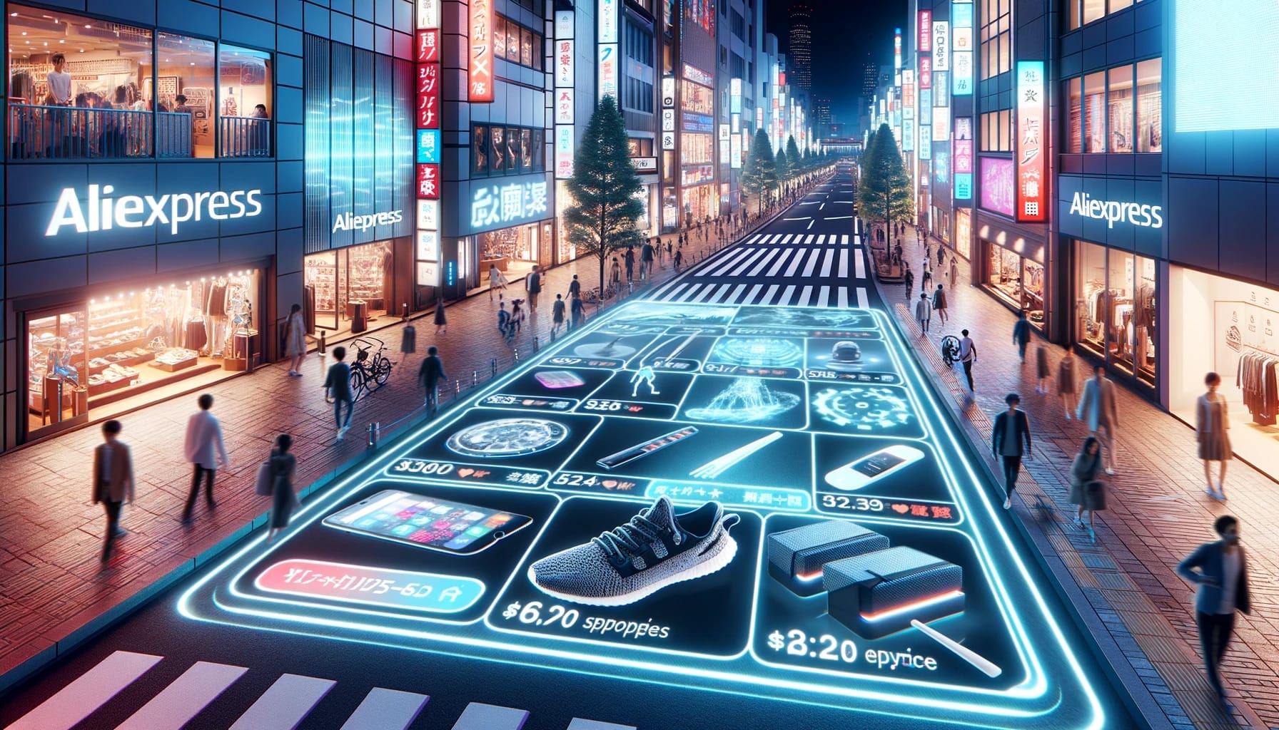 Illustration of an interactive digital art projection on a Tokyo pedestrian street, focusing on trending AliExpress sports equipment. The ground displ